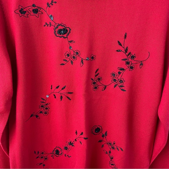Alia Vintage Red Holiday Embroidered Floral Sweater with black accents - Picture 4 of 7